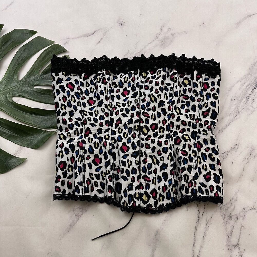 Fredericks Of Hollywood Corset Top Size 38 White Black Leopard Animal Print Lace